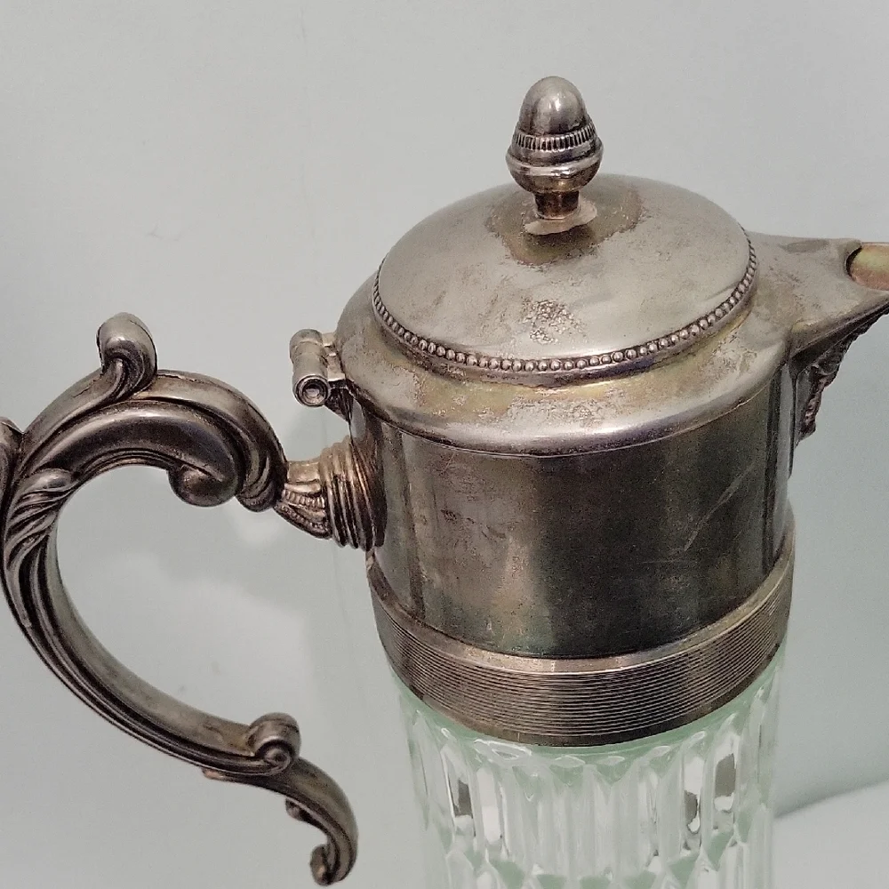 Vintage Silverplate and Crystal Glass Carafe Pitcher